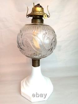 Antique Victorian EAPG Kerosene Oil Lamp Eagle Burner Milk Glass Base 14