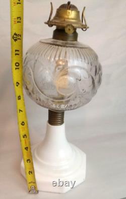 Antique Victorian EAPG Kerosene Oil Lamp Eagle Burner Milk Glass Base 14