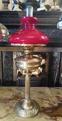 Antique Victorian EDWARDIAN Brass oil lamp, RED Shade Glass