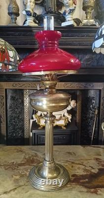 Antique Victorian EDWARDIAN Brass oil lamp, RED Shade Glass
