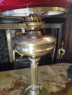 Antique Victorian EDWARDIAN Brass oil lamp, RED Shade Glass