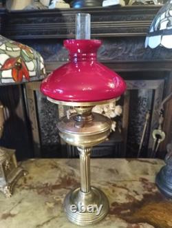 Antique Victorian EDWARDIAN Brass oil lamp, RED Shade Glass