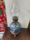 Antique Victorian English pate sur pate egret bird porcelain duplex oil lamp