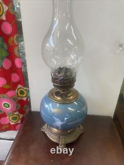Antique Victorian English pate sur pate egret bird porcelain duplex oil lamp