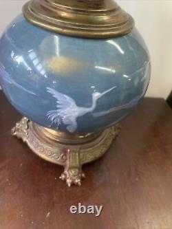 Antique Victorian English pate sur pate egret bird porcelain duplex oil lamp