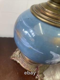 Antique Victorian English pate sur pate egret bird porcelain duplex oil lamp