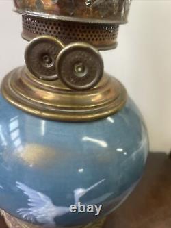Antique Victorian English pate sur pate egret bird porcelain duplex oil lamp
