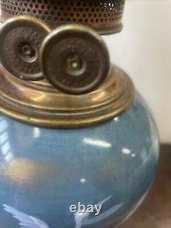 Antique Victorian English pate sur pate egret bird porcelain duplex oil lamp