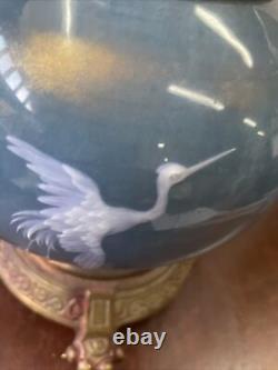 Antique Victorian English pate sur pate egret bird porcelain duplex oil lamp