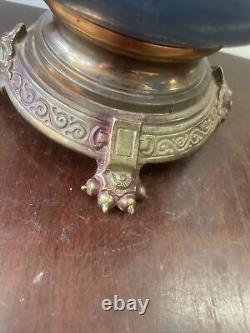 Antique Victorian English pate sur pate egret bird porcelain duplex oil lamp