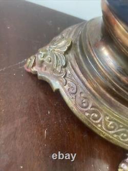 Antique Victorian English pate sur pate egret bird porcelain duplex oil lamp