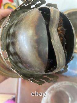Antique Victorian English pate sur pate egret bird porcelain duplex oil lamp