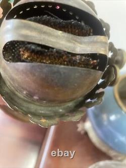Antique Victorian English pate sur pate egret bird porcelain duplex oil lamp