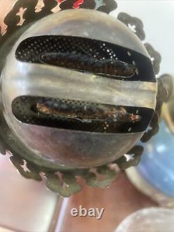 Antique Victorian English pate sur pate egret bird porcelain duplex oil lamp