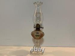 Antique Victorian Era Glass Oil Lamp with Hand Painted Enamel Floral Decorations