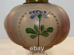 Antique Victorian Era Glass Oil Lamp with Hand Painted Enamel Floral Decorations