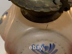 Antique Victorian Era Glass Oil Lamp with Hand Painted Enamel Floral Decorations