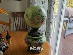 Antique Victorian Era Matching Pittsburgh GWTW Hand Painted Roses Oil Lamp Nice