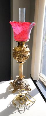 Antique Victorian Era Ruby Glass Oil Lamp, Converted Electric, Stunning Detail