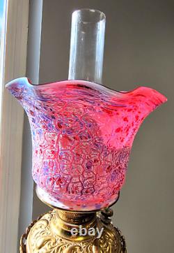 Antique Victorian Era Ruby Glass Oil Lamp, Converted Electric, Stunning Detail