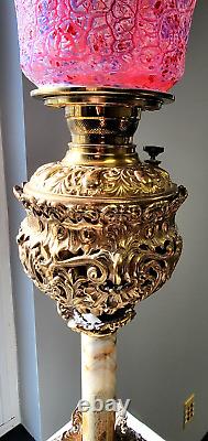Antique Victorian Era Ruby Glass Oil Lamp, Converted Electric, Stunning Detail