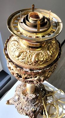 Antique Victorian Era Ruby Glass Oil Lamp, Converted Electric, Stunning Detail