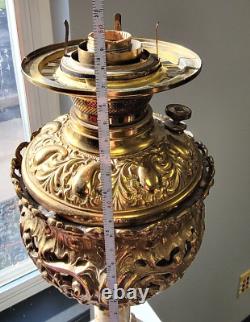 Antique Victorian Era Ruby Glass Oil Lamp, Converted Electric, Stunning Detail