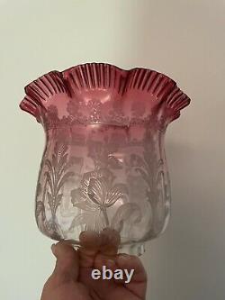 Antique Victorian Etched Glass Oil Lamp Shade Cranberry