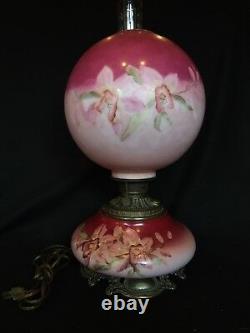 Antique Victorian FOSTORIA GLASS Hand Painted Kerosene Oil Lamp Banquet GWTW