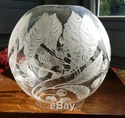 Antique Victorian Floral Glass Acid Etched Globe ball Oil Lamp Shade 4 ins Clear