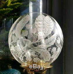 Antique Victorian Floral Glass Acid Etched Globe ball Oil Lamp Shade 4 ins Clear