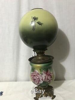 Antique Victorian Floral Gone With The Wind Banquet Parlor Oil Lamp Roses