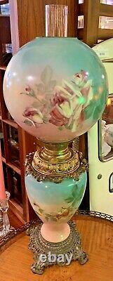 Antique Victorian GWTW Banquet Oil Lamp, Hand Painted Roses, Booth & Haydens