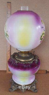 Antique Victorian GWTW FOSTORIA Kerosene Oil Lamp Purple Apple Blossom Flowers
