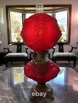 Antique Victorian GWTW Glass Red Satin LION Consolidated Kerosene Oil LAMP