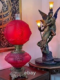 Antique Victorian GWTW Glass Red Satin LION Consolidated Kerosene Oil LAMP