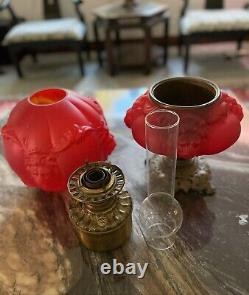 Antique Victorian GWTW Glass Red Satin LION Consolidated Kerosene Oil LAMP