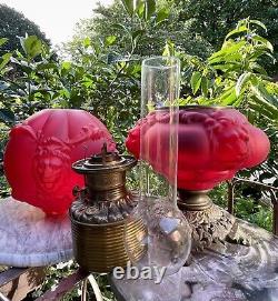 Antique Victorian GWTW Glass Red Satin LION Consolidated Kerosene Oil LAMP