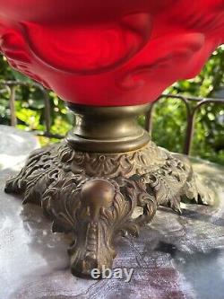 Antique Victorian GWTW Glass Red Satin LION Consolidated Kerosene Oil LAMP