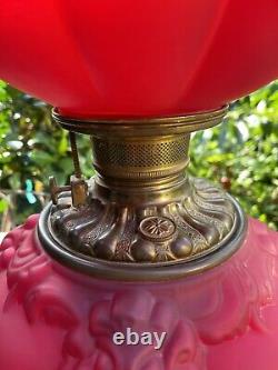 Antique Victorian GWTW Glass Red Satin LION Consolidated Kerosene Oil LAMP