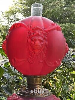 Antique Victorian GWTW Glass Red Satin LION Consolidated Kerosene Oil LAMP