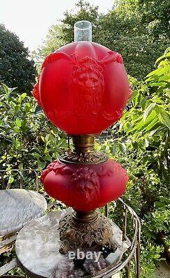 Antique Victorian GWTW Glass Red Satin LION Consolidated Kerosene Oil LAMP