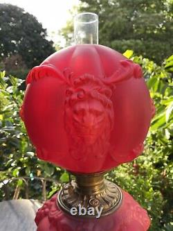 Antique Victorian GWTW Glass Red Satin LION Consolidated Kerosene Oil LAMP