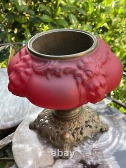 Antique Victorian GWTW Glass Red Satin LION Consolidated Kerosene Oil LAMP