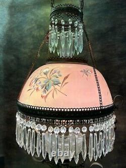 Antique Victorian GWTW Library Oil Hanging Lamp withCrystal Prism, Electric, 33 T