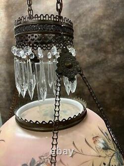 Antique Victorian GWTW Library Oil Hanging Lamp withCrystal Prism, Electric, 33 T