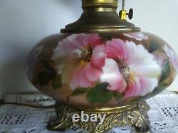 Antique Victorian GWTW Oil Lamp Electrified Hand Painted Flowers 1890s