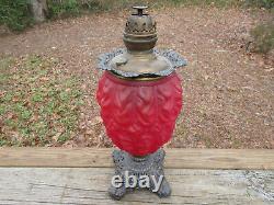 Antique Victorian GWTW Red Satin Glass Globe Oil Lamp Kerosene Parlor Lamp