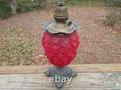 Antique Victorian GWTW Red Satin Glass Globe Oil Lamp Kerosene Parlor Lamp