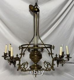 Antique Victorian Gilt Brass Bronze Kerosene Oil Lamp Chandelier 10 Light Elec